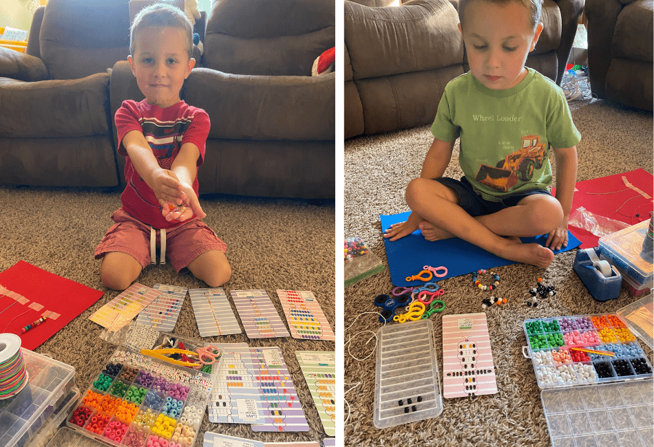 My twins showing off their bead pets and working on planning them out.