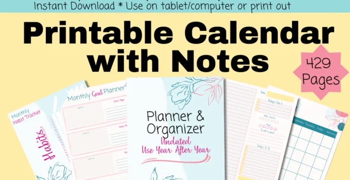 Printable Calendar with Notes showing the planner and organizer with 429 pages