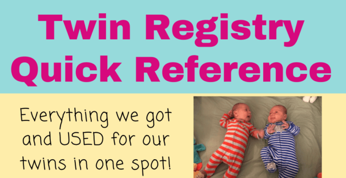 A graphic featuring two twin babies in striped pajamas lying on a blanket, accompanied by the text "Twin Registry Quick Reference" and additional details about a twin baby registry.